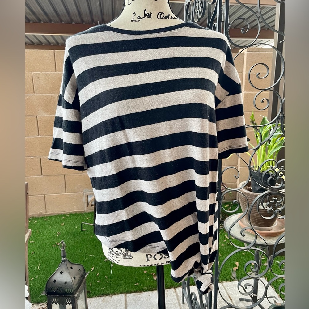 Zara B | W Collection Striped Short Sleeve Diagonal Asymmetrical Hemline Medium